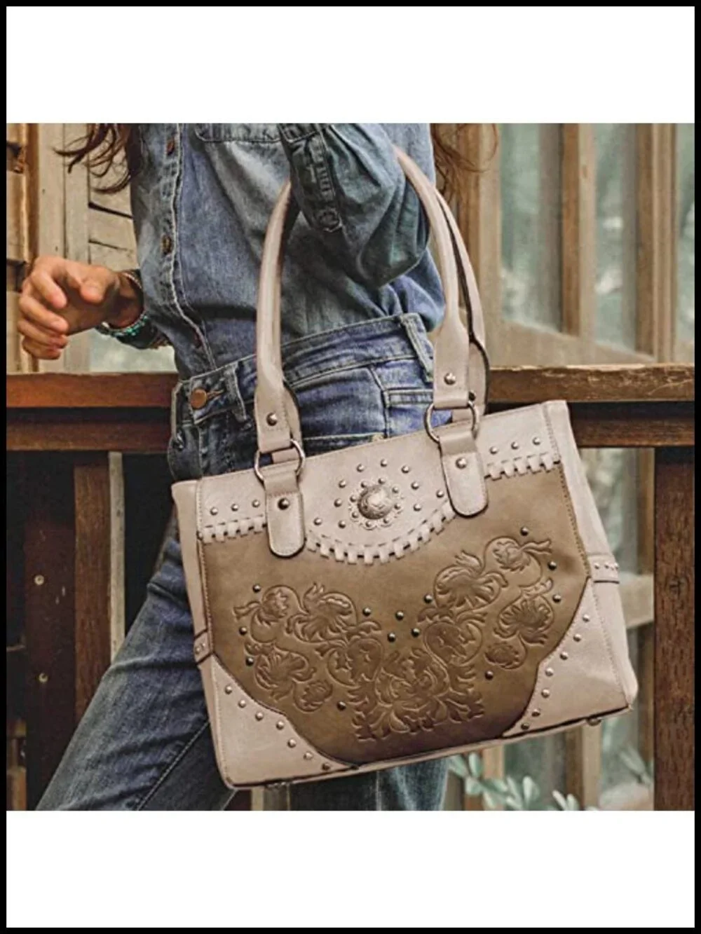 Vintage Faux Leather Western Tote Bag With Concho Studs, Large Top Handle Purse